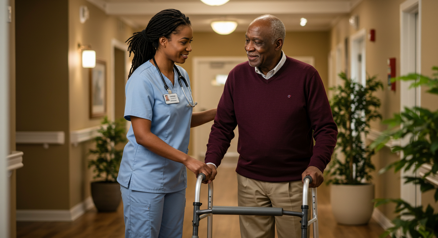 Caring nurse assisting elderly resident with mobility support in modern assisted living facility